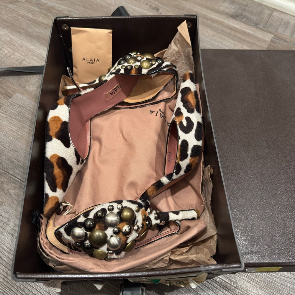 Alaia Leopard Print Pony Hair Studded Point Toe Heels - Picture 14 of 16
